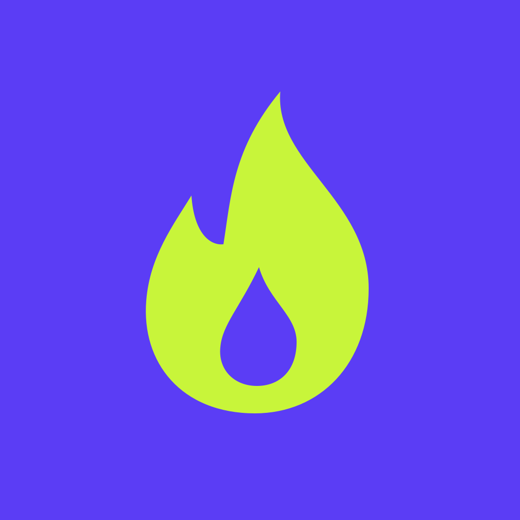 Burn app icon: a lime flame on violet