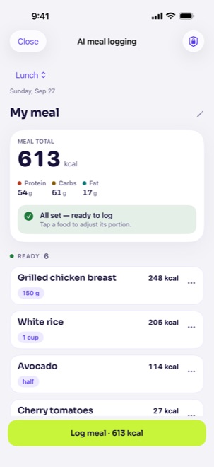 Burn app screen: AI meal review, with example data