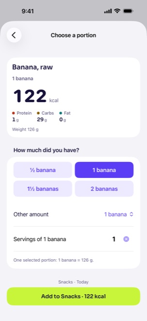 Burn app screen: Portion, with example data