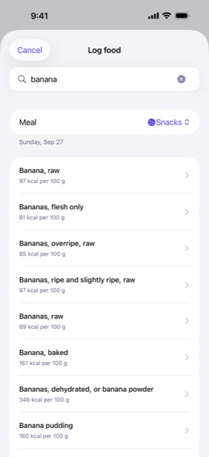 Burn app screen: Food search, with example data
