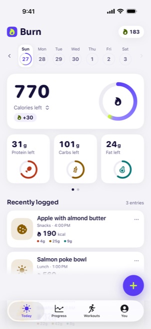 Burn app screen: Today, with example data