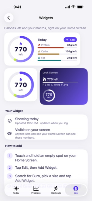 Burn app screen: Widgets, with example data