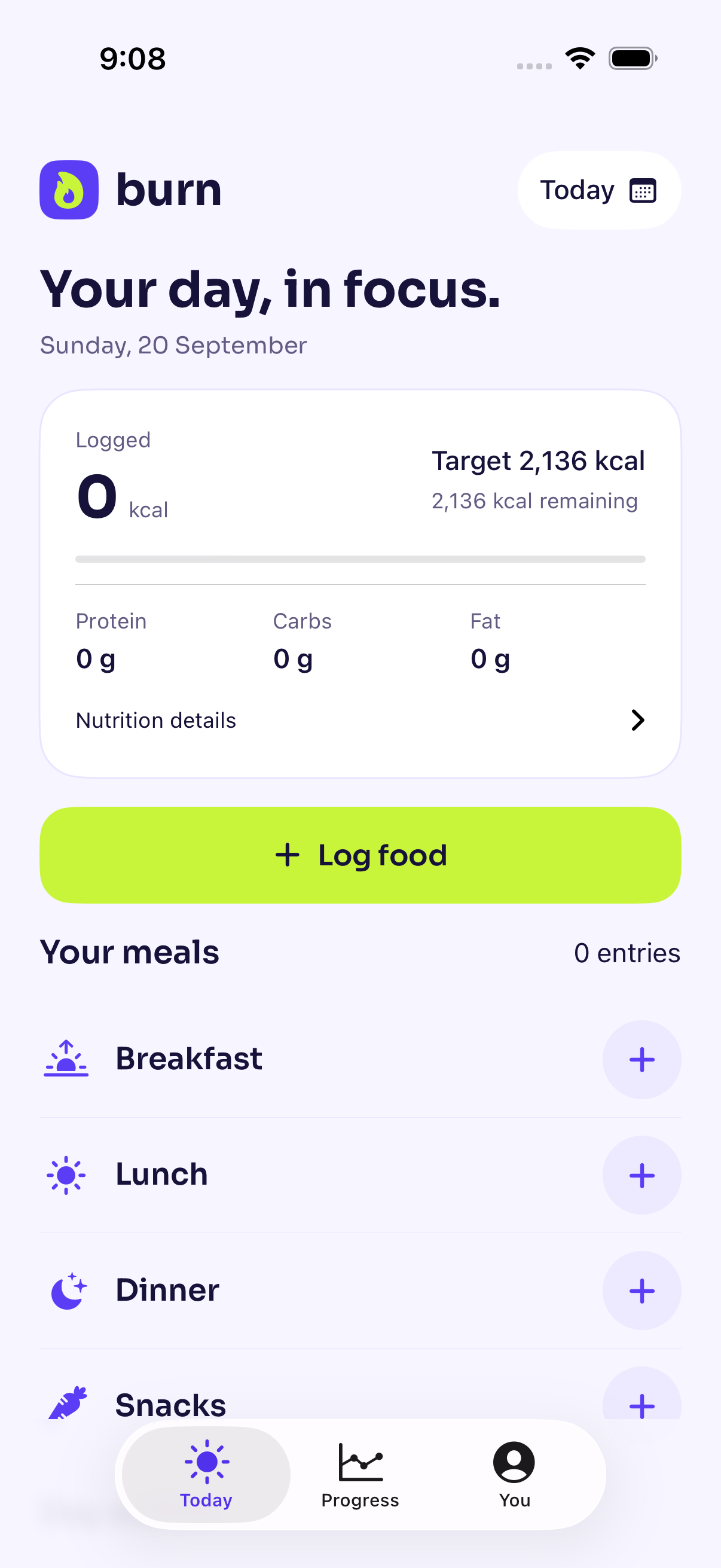 Burn Today screen with calories, macros and Breakfast, Lunch, Dinner and Snacks sections using example data
